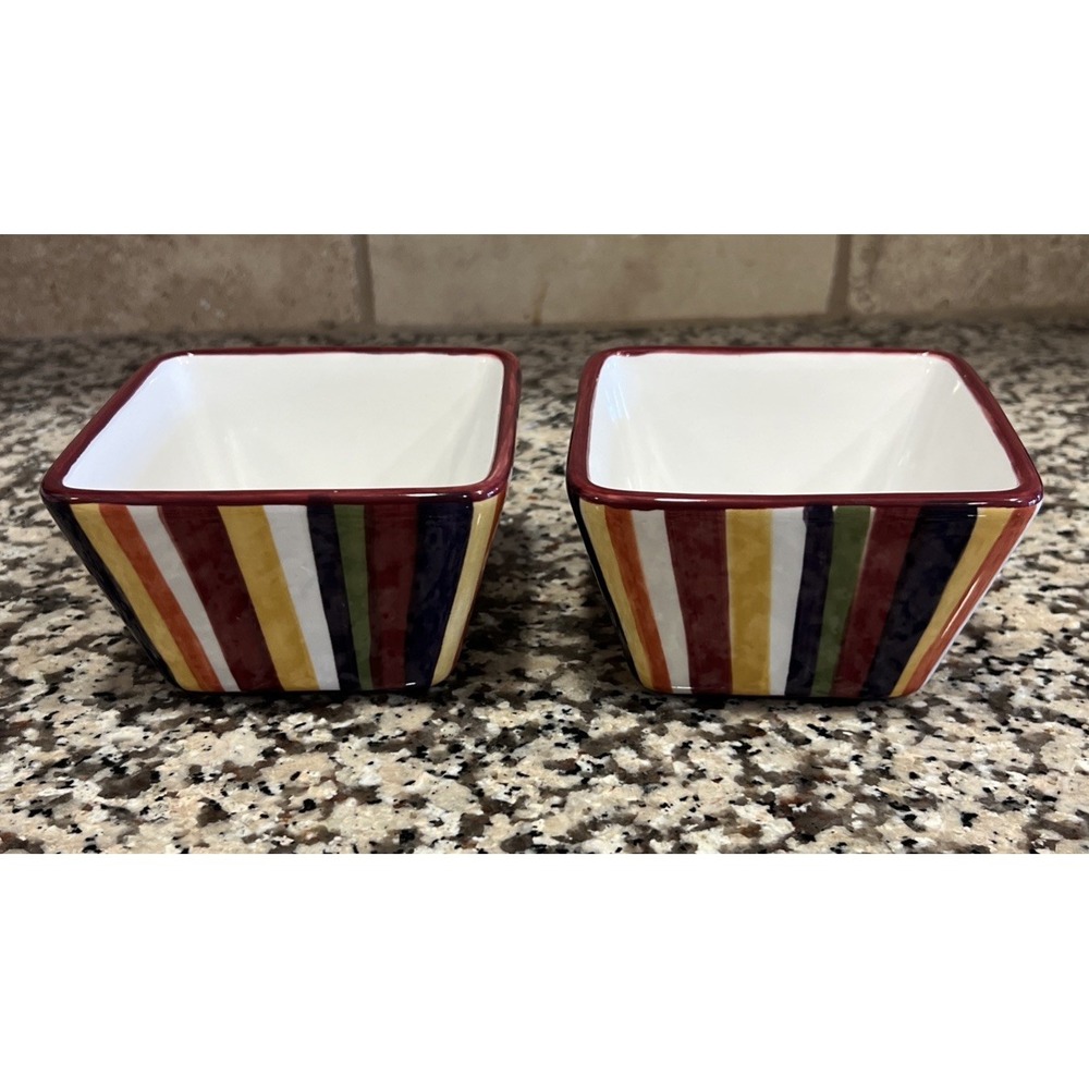 Set Of 2 Pampered Chef Simple Additions 4.5" Square‎ Striped Dip Serving Bowls
